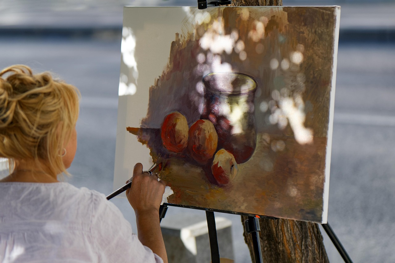 woman, painting, brush, canvas, support, fruits, still life, talent, public, street, urban, artwork, attraction, artist, art, outdoors